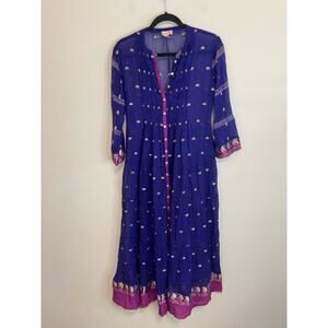 Kalyan Women's Dress Longfrill Cotton Midi Embellished Sheer Purple Boho Medium